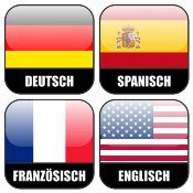 Hier können Sie Texte übersetzen lassen! Viereckige Symbole für Deutsch, Spanisch, Französisch und Englisch mit Flaggen. In diese Sprachen übersetze ich!